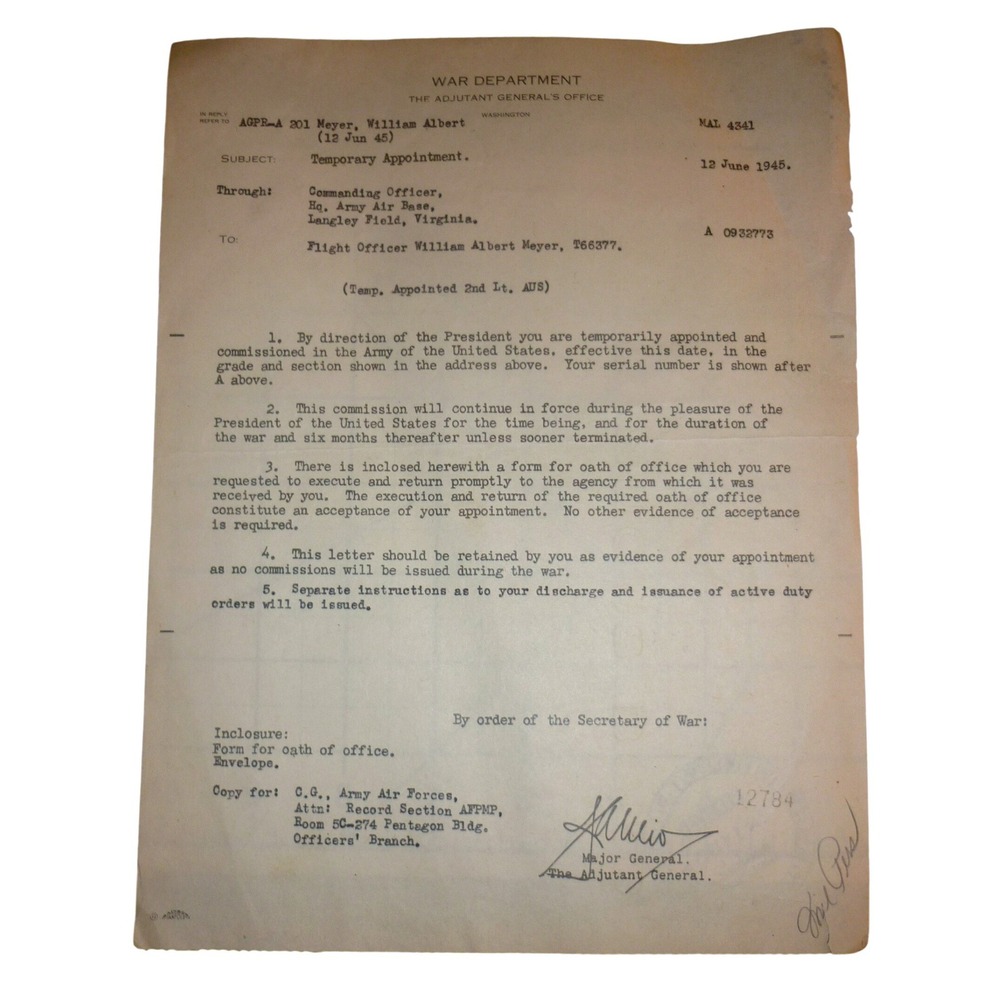 WWII 1945 Army‎ Air Forces Temporary Appointment Document Lt William Meyer USAAF